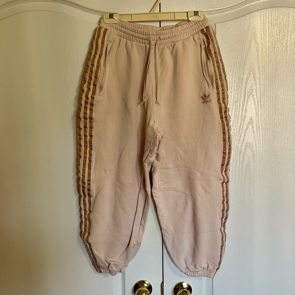 Adidas Light Beige Pink Joggers with Rose Gold Stripes
